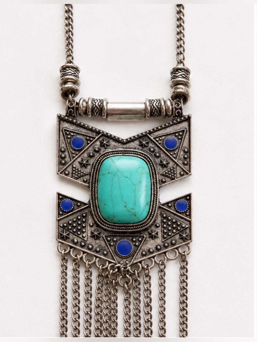 Statement Fringe Necklace Faux Turquoise Silver Tone Adjustable 19-22.5”